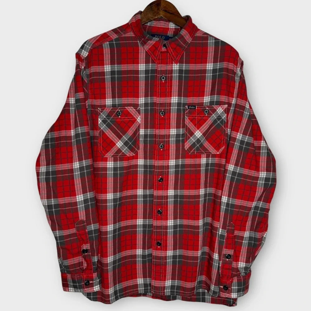 Polo Ralph Lauren Classic Fit Red Plaid Cotton Utility Shirt Pockets Cabin Sz XL